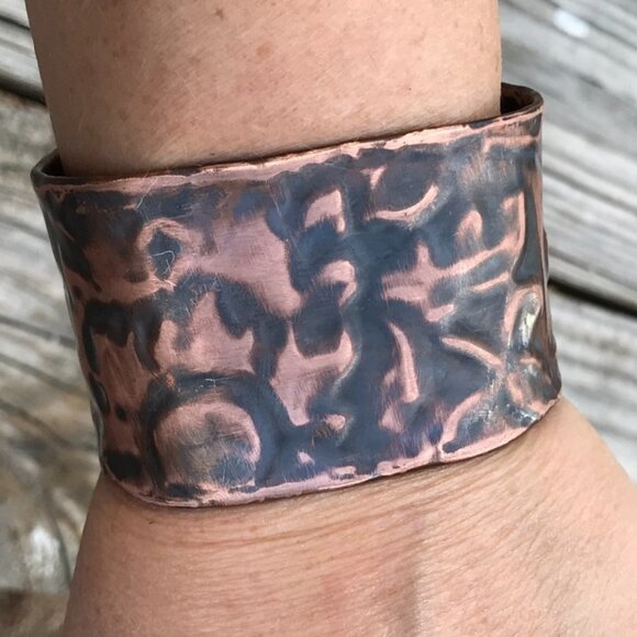 Solid Copper Floral Cuff Bracelet Wide Rustic Handmade Industrial Warrior - Picture 1 of 11